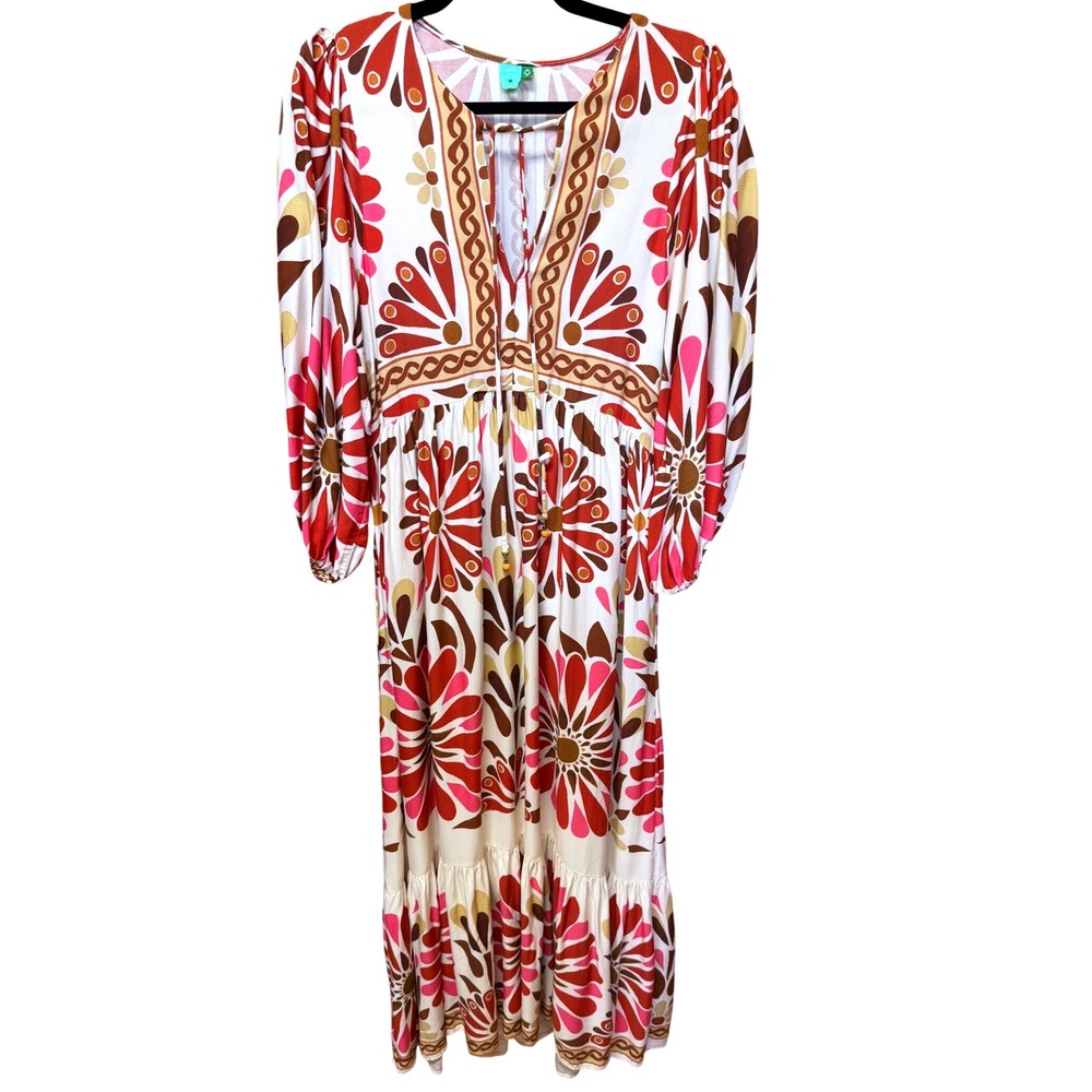 Farm Rio Women Red Pink Floral Viscose Tiered Maxi Dress Size Medium Bohemian - Picture 2 of 14
